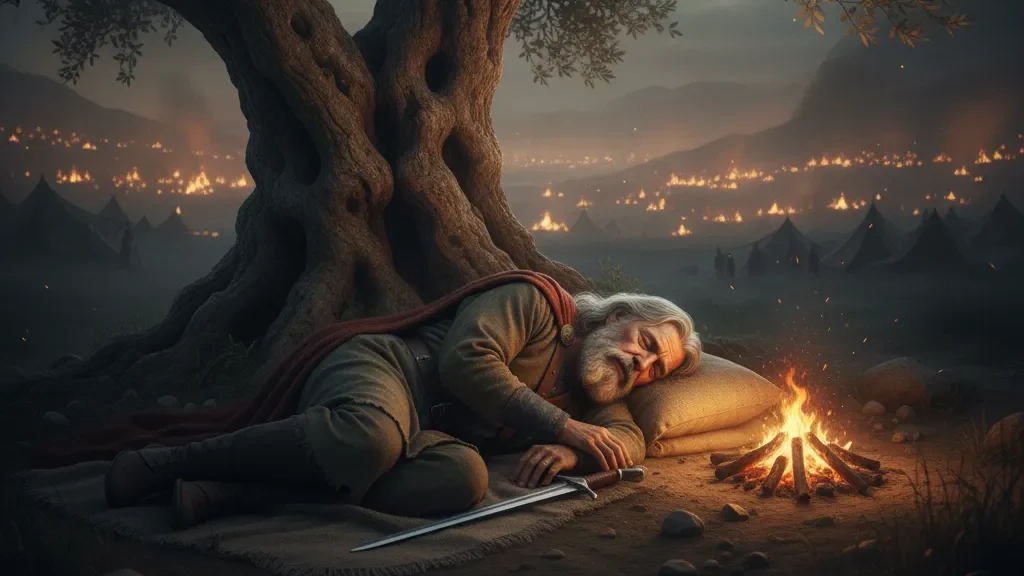 Davi dorme pacificamente sob uma grande árvore à noite, com uma fogueira acesa ao lado e uma espada no chão. Ao longe, tendas e fogueiras de exércitos inimigos criam um contraste de perigo externo e paz interna."
