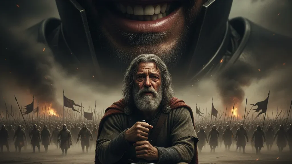 Cena épica de guerra. Um close-up dramático de lábios zombeteiros de um inimigo em armadura sobrepõe um guerreiro idoso (Davi) ajoelhado no campo de batalha, com expressão de desolação mas segurando firmemente uma espada. Exércitos em massa e fumaça ao fundo.