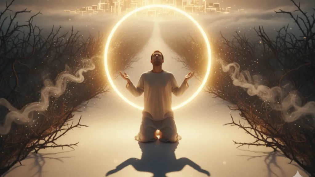 Pessoa exultando com os braços levantados, cercada por um escudo de luz dourada, simbolizando a bênção de Deus que "cerca o justo com Sua benevolência como de um escudo