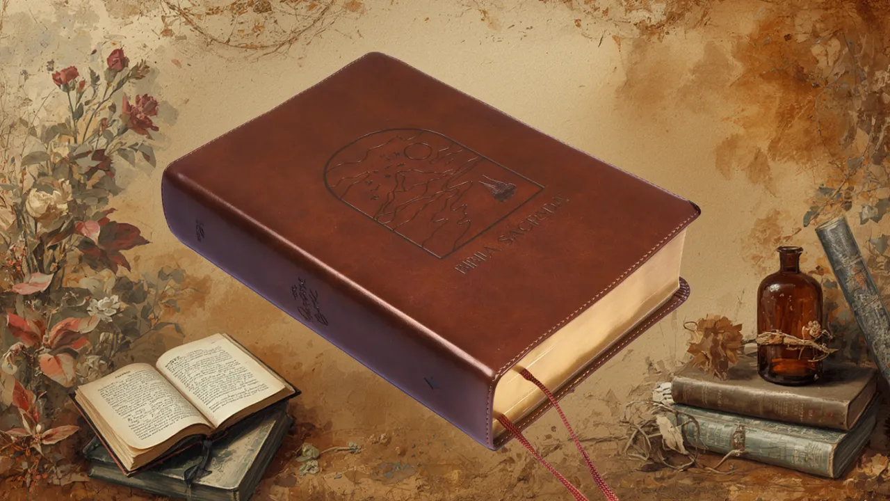 Uma Bíblia Purpose Book aberta em uma mesa de madeira rústica, com a capa em Couro soft e a trilateral dourada em destaque.