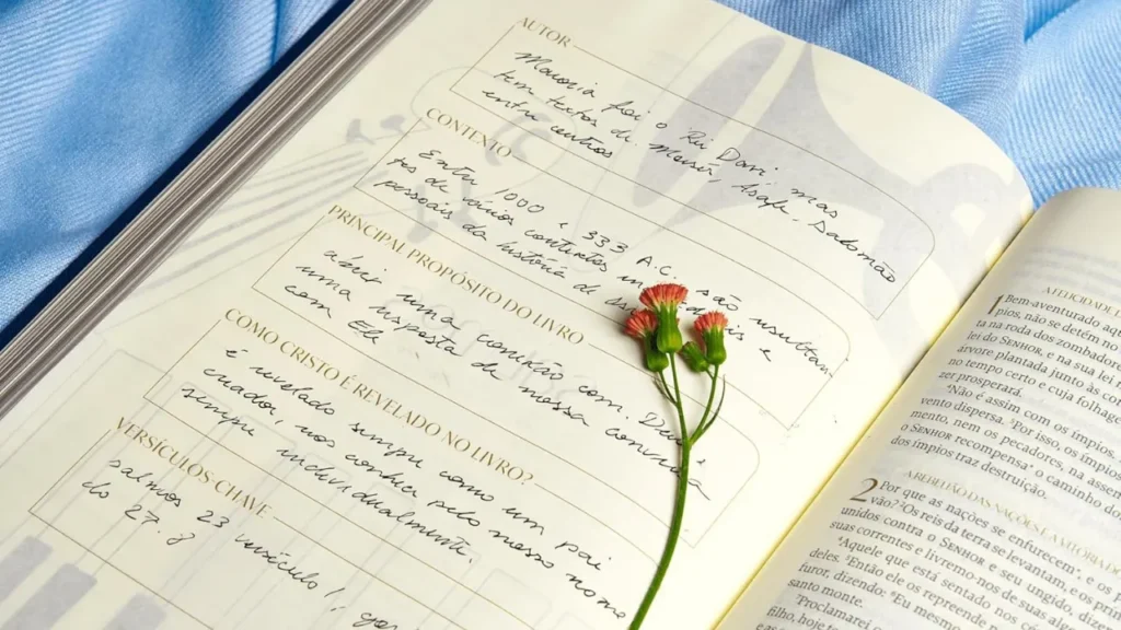 Uma mão escrevendo no espaço pautado para anotação da Bíblia The Purpose Book,